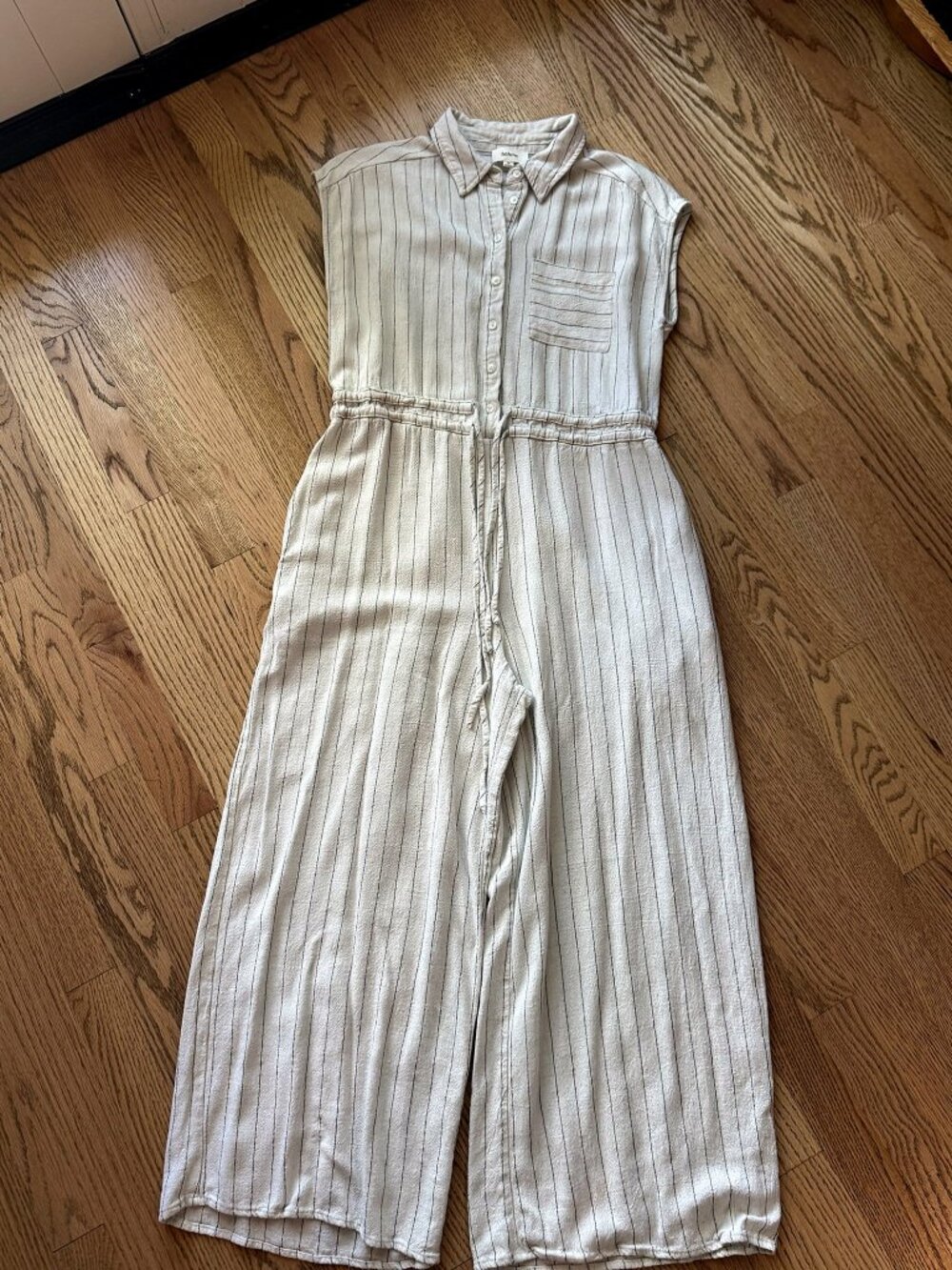 böhme Cream Pinstripe Sleeveless Collared Wide Leg Jumpsuit Drawstring Waist M